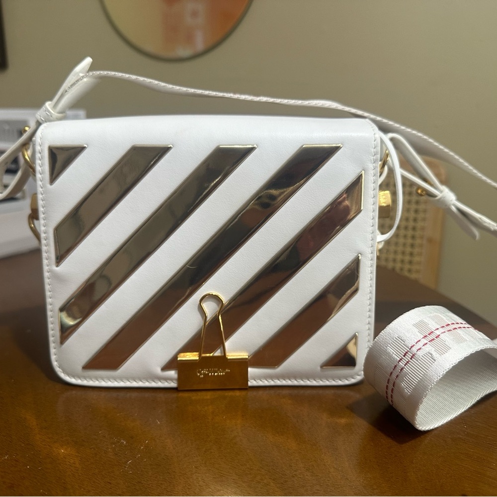 OFF-WHITE GOLD + WHITE DIAG FLAP BAG